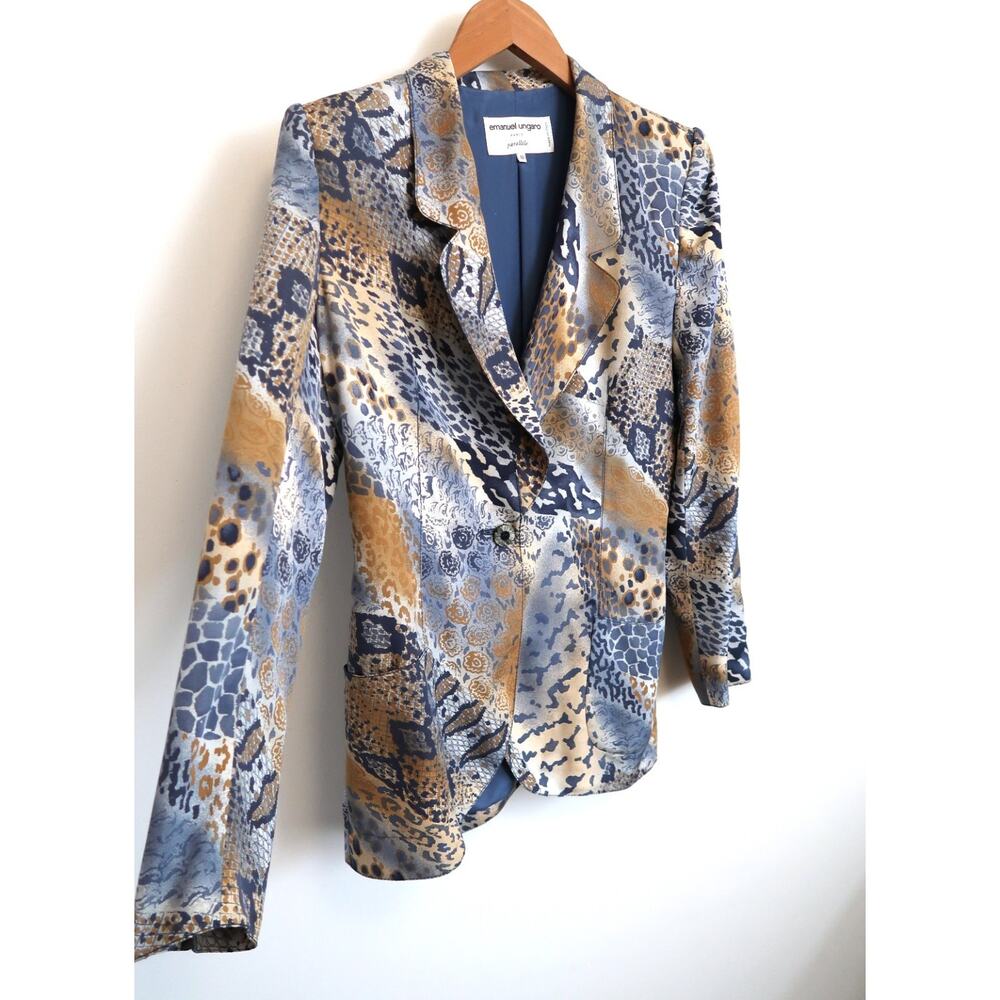 VINTAGE 90s EMANUEL UNGARO PARIS Silk Animal Print Longline Blazer Jacket 10 L